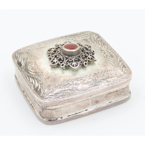 150 - Silver Pill Box Incised Detailing Carnelian Set Filigree Setting  Hinge Cover 4cm by 4cm