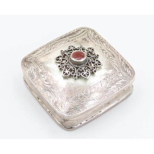 150 - Silver Pill Box Incised Detailing Carnelian Set Filigree Setting  Hinge Cover 4cm by 4cm