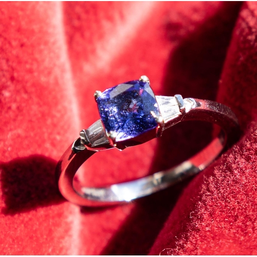 151 - Cushion Cut Tanzanite Set Ring with Further Tapered Baguette Cut Diamonds to Shoulders Mounted in Pl... 