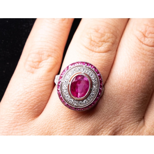 153 - Fine Bezel Set 3 Carat Ruby Centre Stone Ring No Heat Treatment with Double Diamond and Ruby Set Hal... 