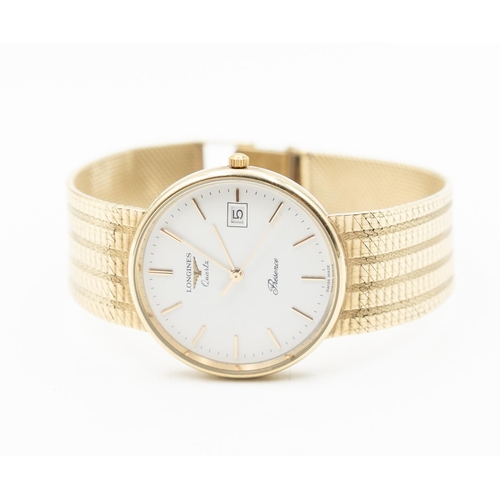 155 - Gentlemans Longines Presence 9 Carat Yellow Gold Swiss Made Quartz Watch Date Aperture White Dial Br... 