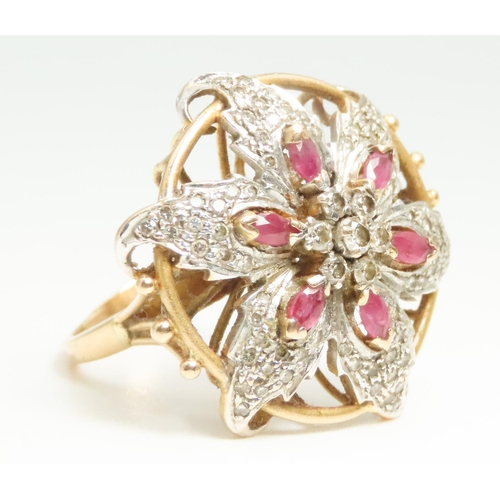 160 - Finely Detailed Ruby and Diamond Set Flower Form Ladies Cluster Ring Set in 18 Carat Yellow Gold Rin... 