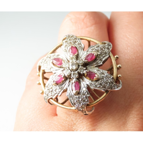 160 - Finely Detailed Ruby and Diamond Set Flower Form Ladies Cluster Ring Set in 18 Carat Yellow Gold Rin... 