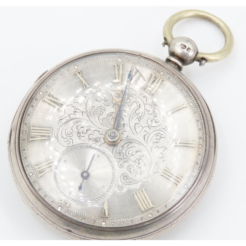 161 - Silver Cased Pocket Watch Finely Detailed Incised Dial 4.5cm Diameter