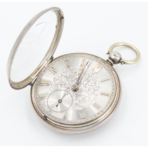 161 - Silver Cased Pocket Watch Finely Detailed Incised Dial 4.5cm Diameter