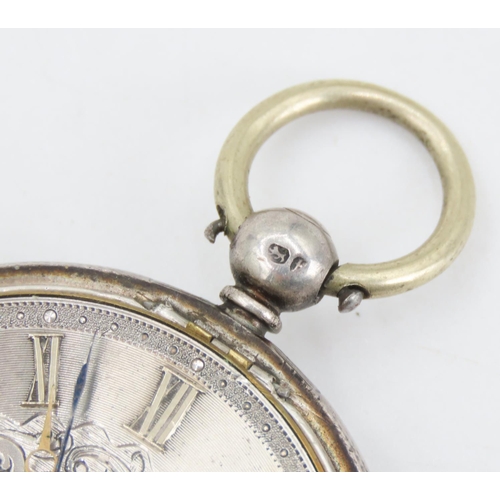 161 - Silver Cased Pocket Watch Finely Detailed Incised Dial 4.5cm Diameter