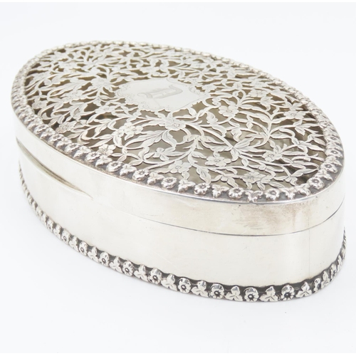 163 - Silver Oval Form Box Hinged Cover Filigree Decorated Approximately 6 Inches Wide