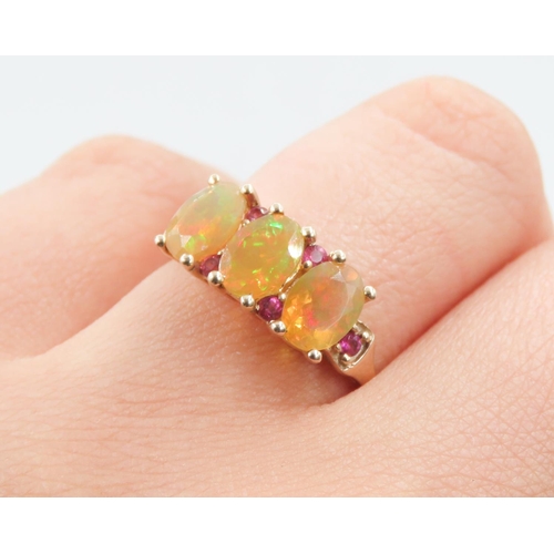 166 - Three Stone Opal Ring with further Ruby Insets Mounted in 10 Carat Yellow Gold Ring Size P