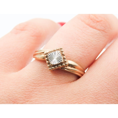 169 - Finely Detailed 9 Carat Yellow and White Gold Ring with Diamond Cut Incised Detailing Ring Size R