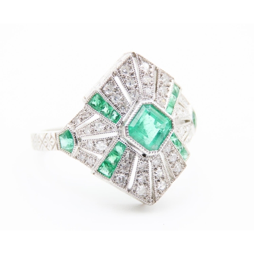 184 - Emerald and Diamond Set Ladies Panel Set Ring Mounted in Platinum French Style late Art Deco Finely ... 