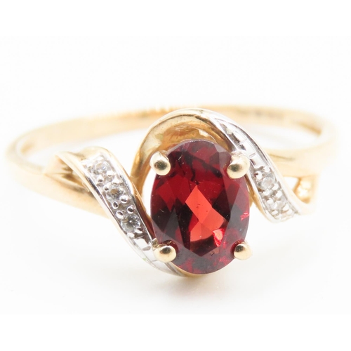 187 - Red Garnet Centre Stone Ring Swirl Form Mounted in 9 Carat Yellow Gold Ring Size M