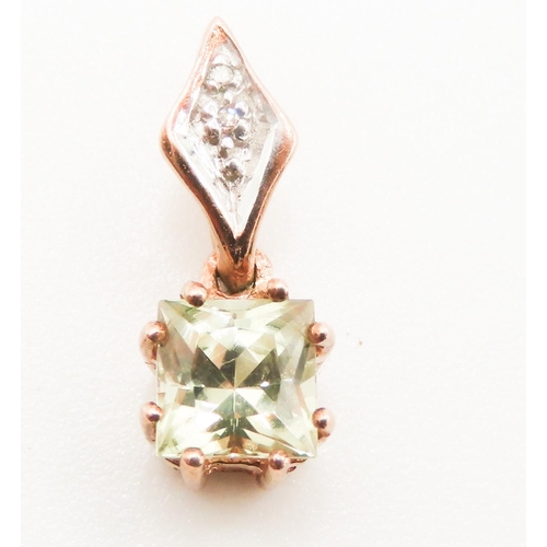 196 - Square Cut Green Amethyst and Diamond Set Pendant Mounted in 9 Carat Rose Gold 1.5cm High