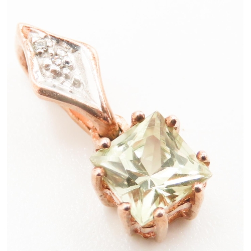 196 - Square Cut Green Amethyst and Diamond Set Pendant Mounted in 9 Carat Rose Gold 1.5cm High