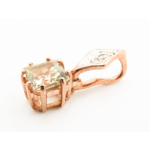 196 - Square Cut Green Amethyst and Diamond Set Pendant Mounted in 9 Carat Rose Gold 1.5cm High