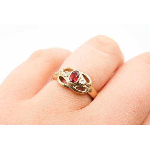 198 - Bezel Set Red Garnet and Diamond Set Knot Form Ring Mounted in 9 Carat Yellow Gold Ring Size M