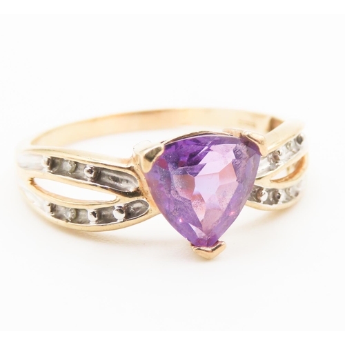 200 - Princess Cut Amethyst Ring Crossover Band with Further Diamonds Set to Shoulders Mounted in 9 Carat ... 