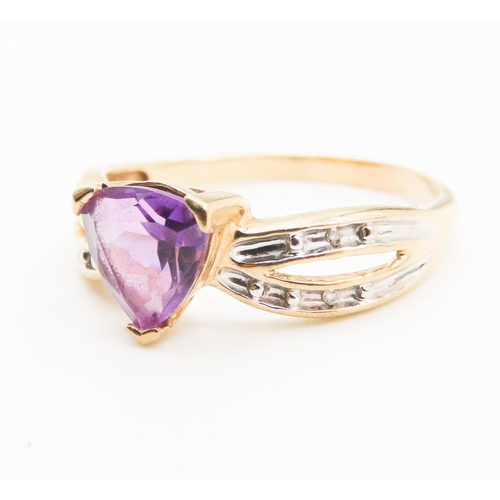 200 - Princess Cut Amethyst Ring Crossover Band with Further Diamonds Set to Shoulders Mounted in 9 Carat ... 