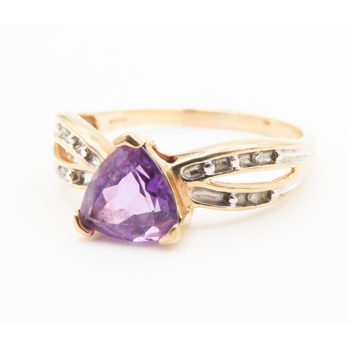 200 - Princess Cut Amethyst Ring Crossover Band with Further Diamonds Set to Shoulders Mounted in 9 Carat ... 