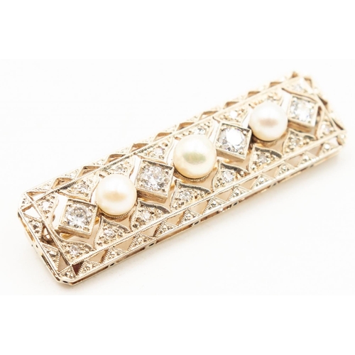 201 - 1930's Diamond and Pearl Set Brooch Finely Detailed Set in 18 and 9 Carat Yellow and White Gold 5cm ... 