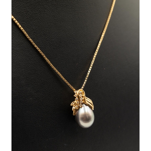 203 - Tahitian Pearl and Diamond Set Pendant Mounted in 18 Carat Yellow Gold 2.5cm High Attractively Detai... 