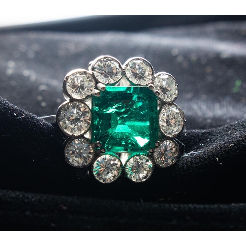 204 - Cushion Cut Emerald Centre Stone Ring Four Double Prong Set with Ten Stone Diamond Surround Set in P... 