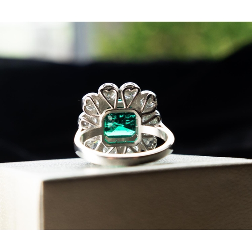 204 - Cushion Cut Emerald Centre Stone Ring Four Double Prong Set with Ten Stone Diamond Surround Set in P... 