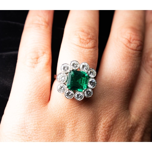 204 - Cushion Cut Emerald Centre Stone Ring Four Double Prong Set with Ten Stone Diamond Surround Set in P... 