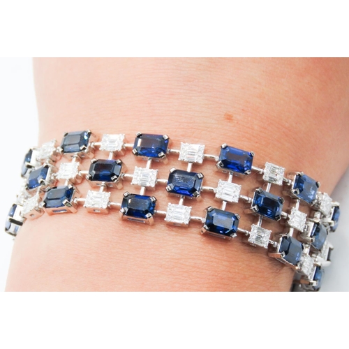 212 - Fine Sapphire and Diamond Baguette Cut Ladies Three Row Bracelet Articulated Form Mounted on 18 Cara... 