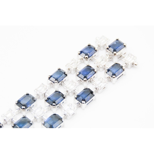 212 - Fine Sapphire and Diamond Baguette Cut Ladies Three Row Bracelet Articulated Form Mounted on 18 Cara... 