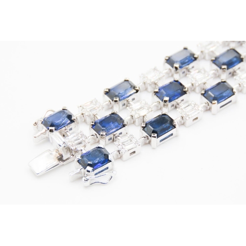 212 - Fine Sapphire and Diamond Baguette Cut Ladies Three Row Bracelet Articulated Form Mounted on 18 Cara... 