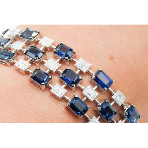 212 - Fine Sapphire and Diamond Baguette Cut Ladies Three Row Bracelet Articulated Form Mounted on 18 Cara... 