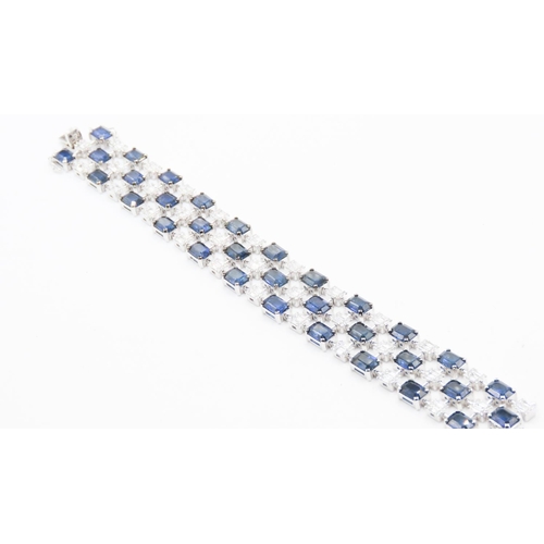 212 - Fine Sapphire and Diamond Baguette Cut Ladies Three Row Bracelet Articulated Form Mounted on 18 Cara... 