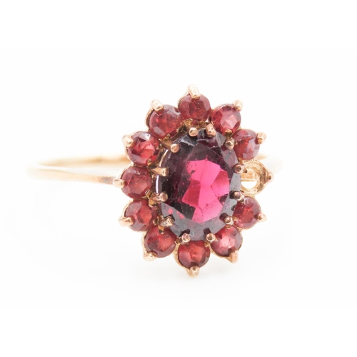 213 - Red Garnet Set Ladies Cluster Ring Mounted in 9 Carat Yellow Gold Ring Size N