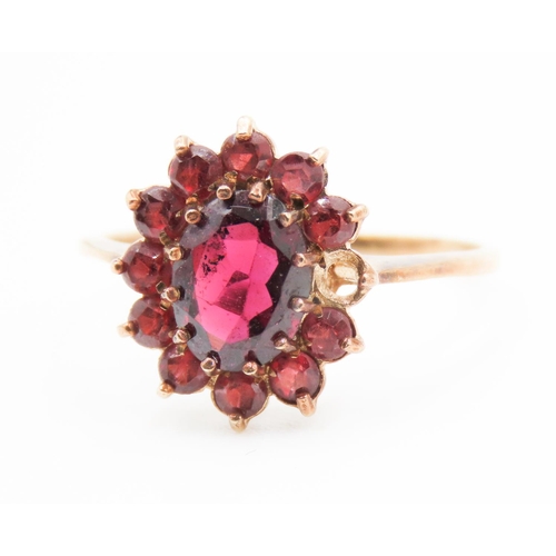 213 - Red Garnet Set Ladies Cluster Ring Mounted in 9 Carat Yellow Gold Ring Size N