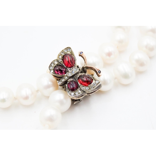 216 - Ladies Two Strand Pearl Necklace with Butterfly Motif Ruby Diamond and Sapphire Set Clasp Mounted in... 