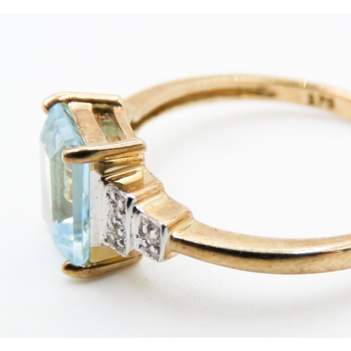 218 - Emerald Cut Aquamarine Set Ring Mounted in 9 Carat Yellow Gold Further Diamonds Set to Shoulders Rin... 