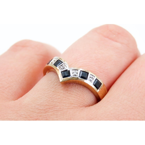 226 - Nine Stone Sapphire and Diamond Set Ladies Wishbone Ring Mounted in 9 Carat Yellow Gold Ring Size Q