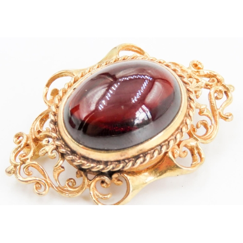 232 - Cabochon Garnet Set 9 Carat Yellow Gold Brooch Attractively Detailed 4cm Wide