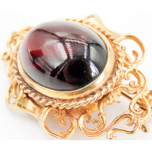 232 - Cabochon Garnet Set 9 Carat Yellow Gold Brooch Attractively Detailed 4cm Wide