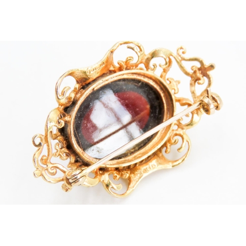 232 - Cabochon Garnet Set 9 Carat Yellow Gold Brooch Attractively Detailed 4cm Wide