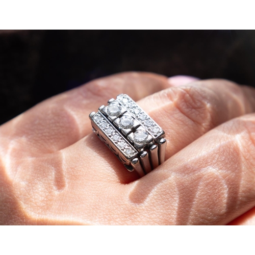 25 - Unusual Form Three Row Diamond Set Cluster Ring Finely Detailed Set in 18 Carat White Gold Ring Size... 