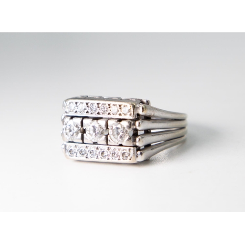 25 - Unusual Form Three Row Diamond Set Cluster Ring Finely Detailed Set in 18 Carat White Gold Ring Size... 