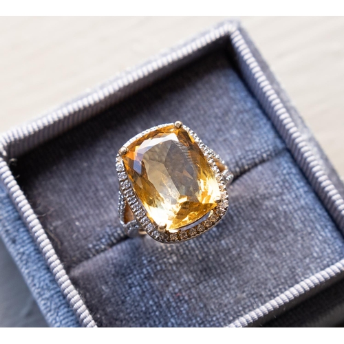 251 - Facet Cut 10 Carat Cognac Citrine Centre Stone Ring with Diamond Set Halo Surround Further Diamonds ... 