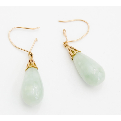 264 - Pair of Jade Drop Earrings Mounted in 9 Carat Yellow Gold 3.5cm High