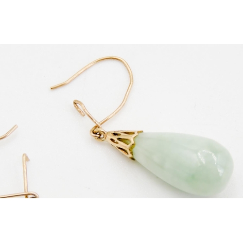 264 - Pair of Jade Drop Earrings Mounted in 9 Carat Yellow Gold 3.5cm High