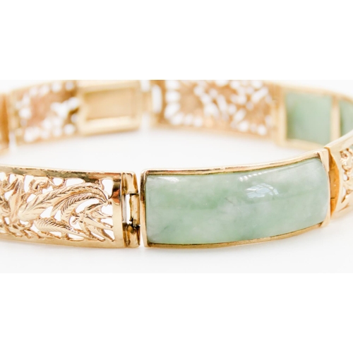 265 - Attractively Detailed Jade Set Panel Link Bracelet Filigree Floral Detailing Mounted in 9 Carat Yell... 