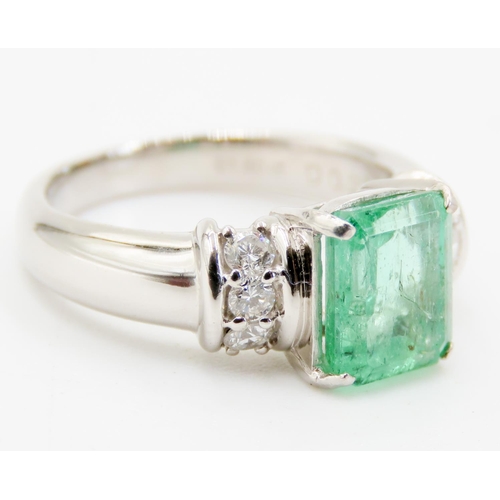 266 - Four Claw Set Emerald Ring Mounted in Platinum with Three Further Diamonds Set to Each Side Emerald ... 