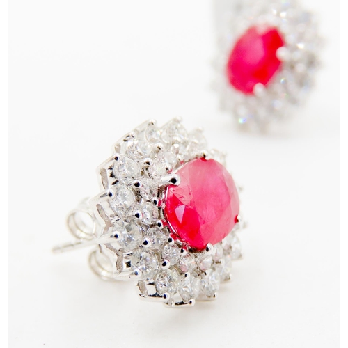 267 - Pair of Ruby Set Earrings with Double Diamond Halo Set in 18 Carat Rose Gold Each 1.5cm High Rubies ... 