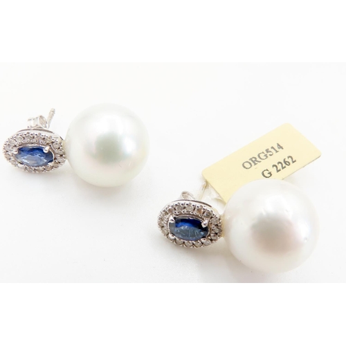 270 - Pair of Sapphire and Diamond Set Ladies Pearl Earrings Set in 18 Carat White Gold Each 2.5cm High