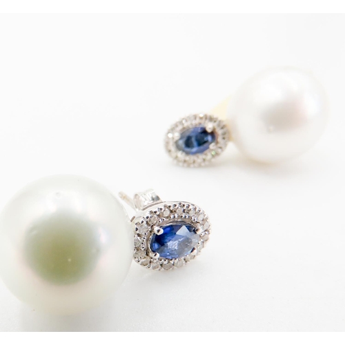 270 - Pair of Sapphire and Diamond Set Ladies Pearl Earrings Set in 18 Carat White Gold Each 2.5cm High